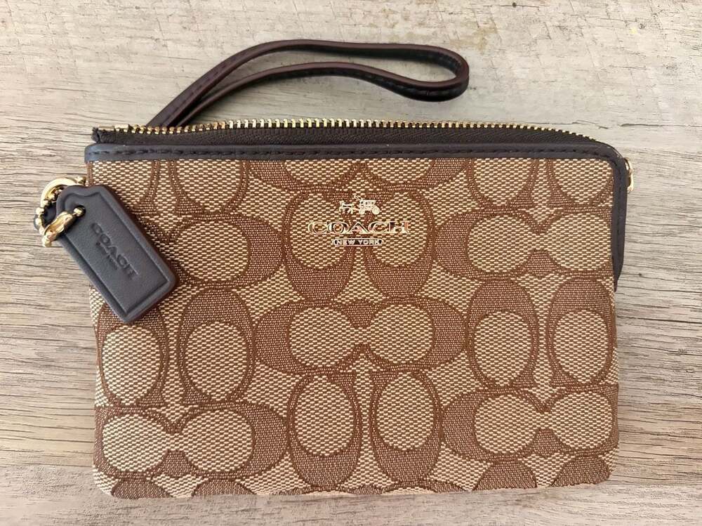Coach Corner Zip Wristlet in Signature Jacquard Khaki Brown